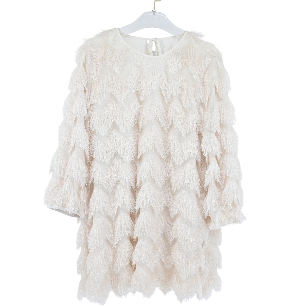Hutch Anthropologie Ivory Tiered Fringe Shift Dress L Bridal Cocktail Party